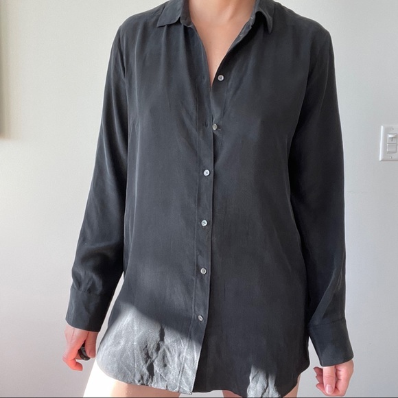 Everlane Black Silk Button Front Collared Shirt Long Sleeve - Picture 4 of 6